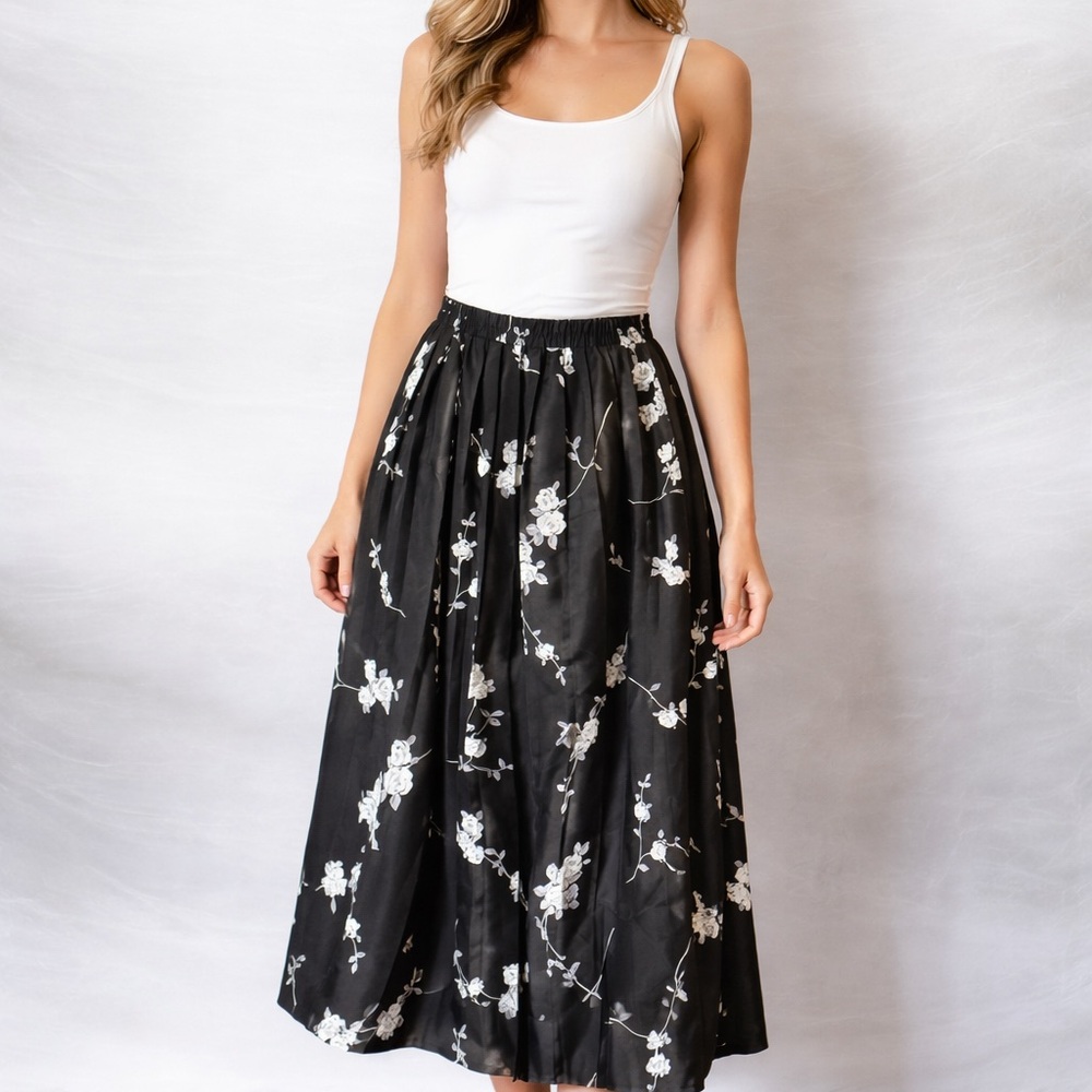 VTG Leslie Fay Black/White Whimsigoth Pleated Floral A-Line Midi Skirt Elastic